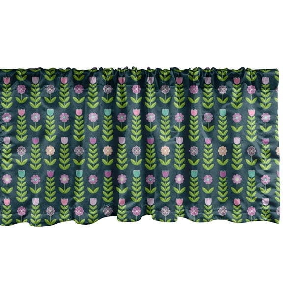 Ambesonne Floral Window Valance, Graphical Geometric Flowers, 54" X 18", Fern Green Dark Teal