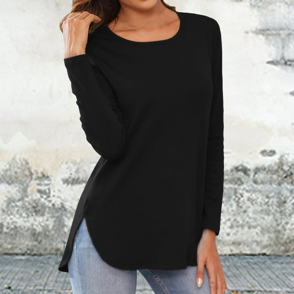 Women's Casual Long Sleeve T Shirt Crewneck With Side Split Fall Pullover Loose Tunic Tops Women Fit T Shirts Short Sleeve Tops for Women Loose Women Women T Shirt Long Sleeve Shirts for Women Long