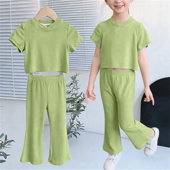 Lutiedan 2 Piece Outfits for Girls Soft Short Sleeve Crewneck Tops and Flowy Flare Leggings Pants Set Casual Kids Clothing Set