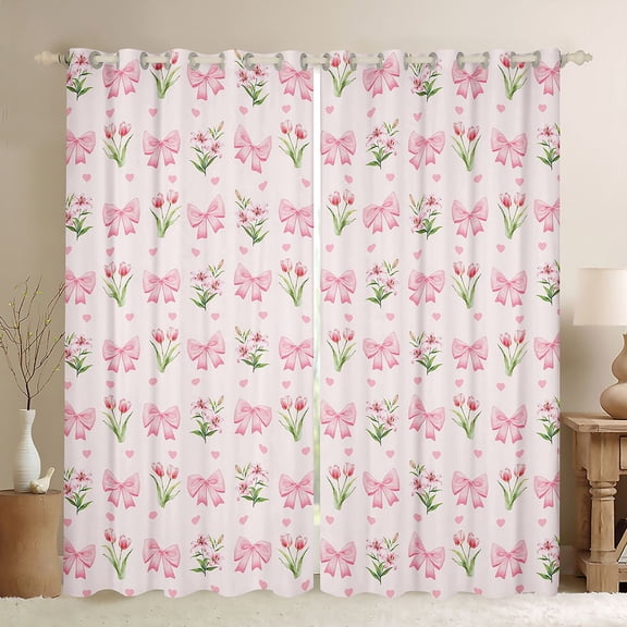 jejeloiu Cute Bowknot Black Out Curtains,Pink Tulip Floral Curtains Pack of 2 (42x63 Each) For Girls Kids
