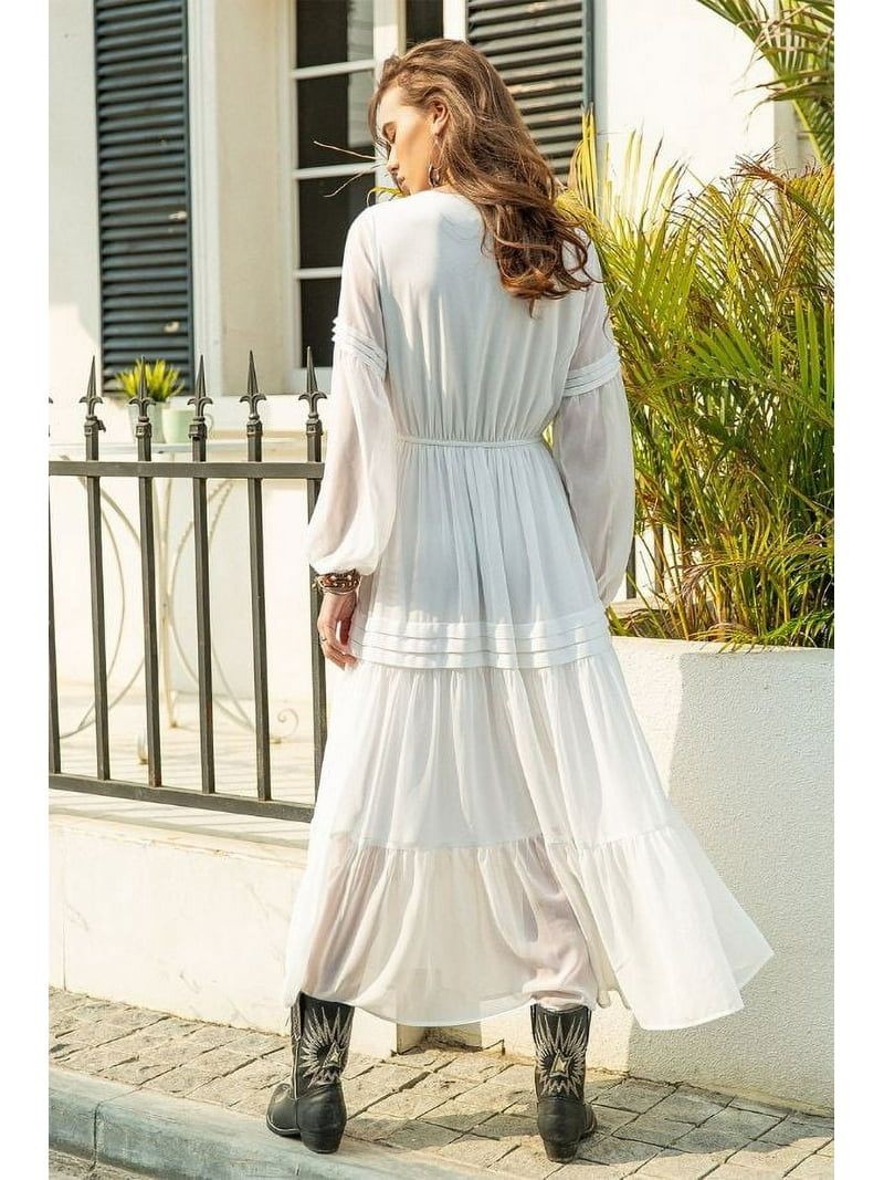 Long Sleeve Boho Dress with Tie Neck Dress (M, White) - Walmart.com