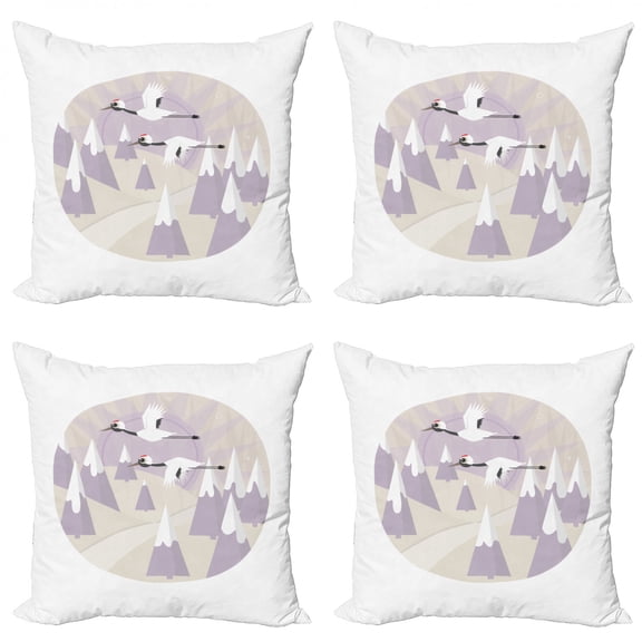 Winter Throw Pillow Cushion Case Pack of 4, Red Crowned Cranes Flying over a Snowy Landscape, Modern Accent Double-Sided Print, 4 Sizes, Purple Grey Eggshell, by Ambesonne