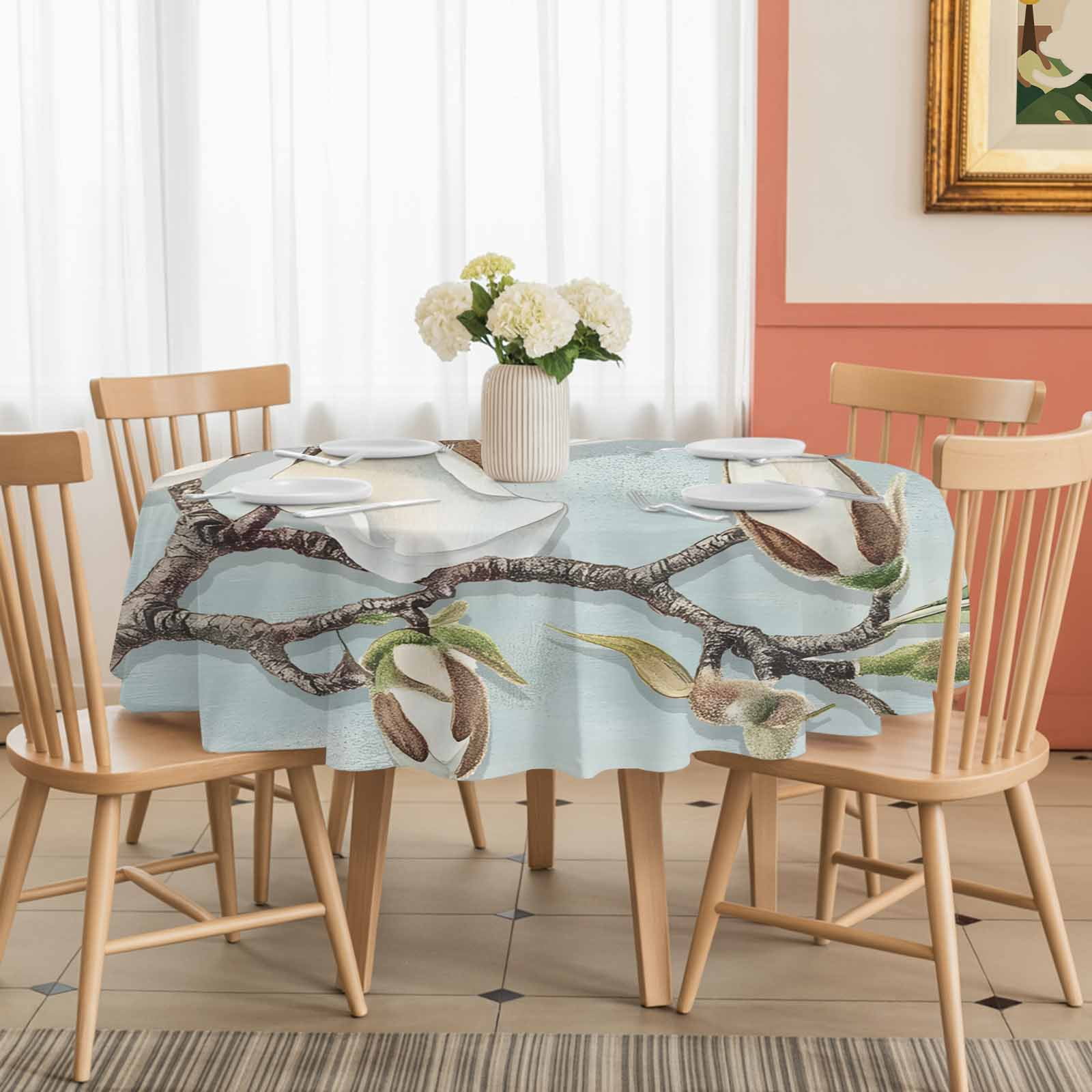 Round Tablecloth Farmhouse Rustic Magnolia Waterproof Oil Proof Polyester Table Cloth Cover Decor for Home Dining Outdoor,Patio,Parties, 60" Dia. White Green