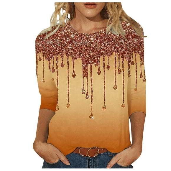 Besolor Hauts à Manches 3/4 pour Femmes Chemises à Col Rond Décontractées T-shirts Graphiques Brillants Tops Basiques Blouses
