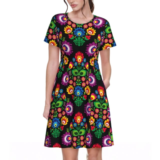 Easygdp Traditional Floral Polish para Vestido Transpirable de Mujer, Vestido Suelto de Manga Corta con Pliegues y Bolsillos para el Verano