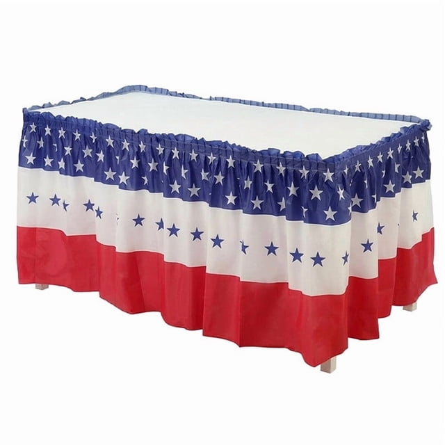 Jupe de Table Patriotique avec Imprimé Pentagramme / Housse de Table Décorative Rayée Rouge Blanc Bleu / Polyester Résistant aux Plis Convient aux Tables de 6 à 8 Pieds / Installation Velcros Sans Outils
