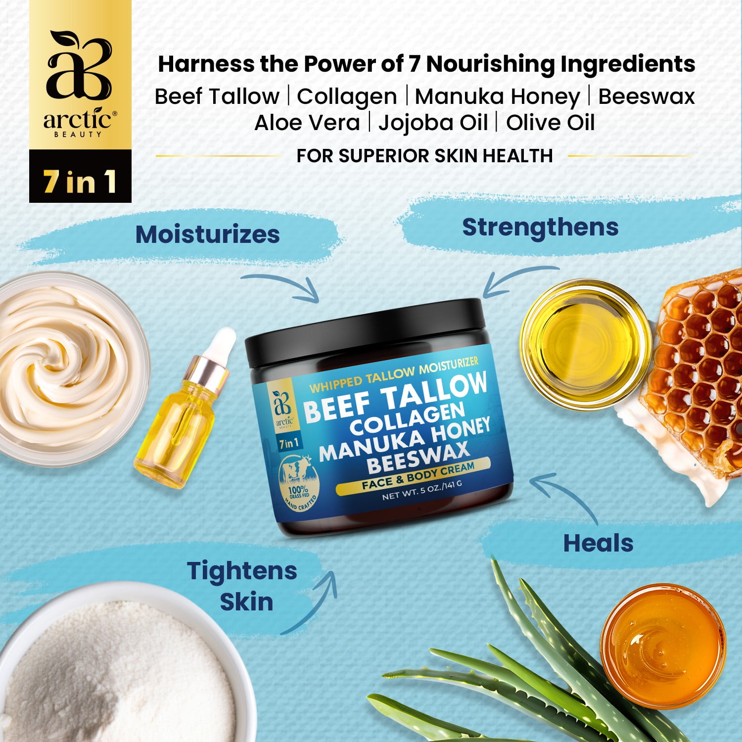 Arctic Beauty Organic Grass-Fed Beef Tallow Balm with Manuka Honey, Aloe Vera & Collagen, Natural Moisturizer, 5 oz