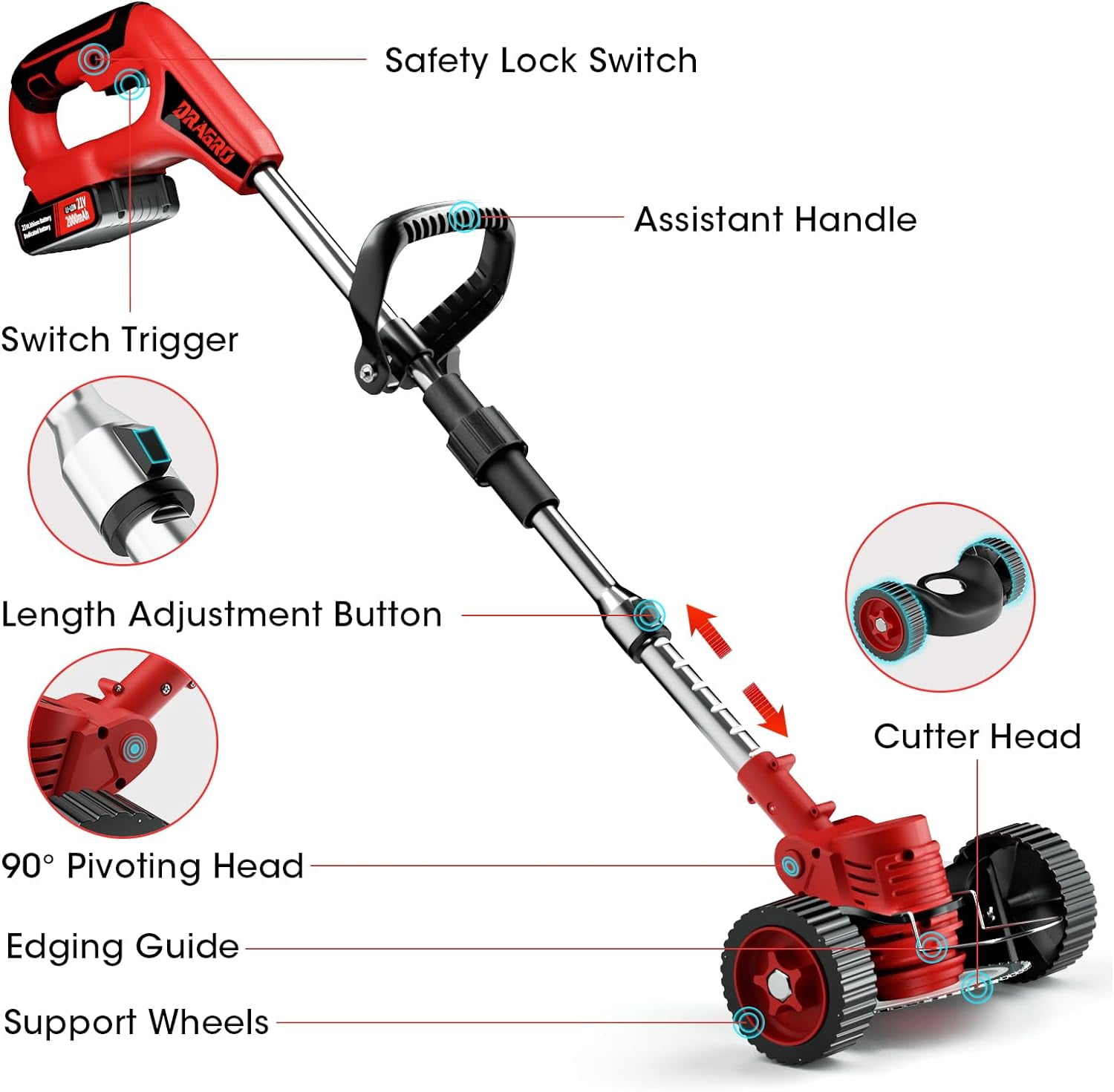 Electric Cordless Weed Wacker, 3-in-1 Small Lightweight Push Lawn Mower Edger Lawn Tool, Grass Trimmer Brush Cutter with 3 Types Blades and 2Pcs 2Ah Rechargeable Battery Powered for Garden Yard