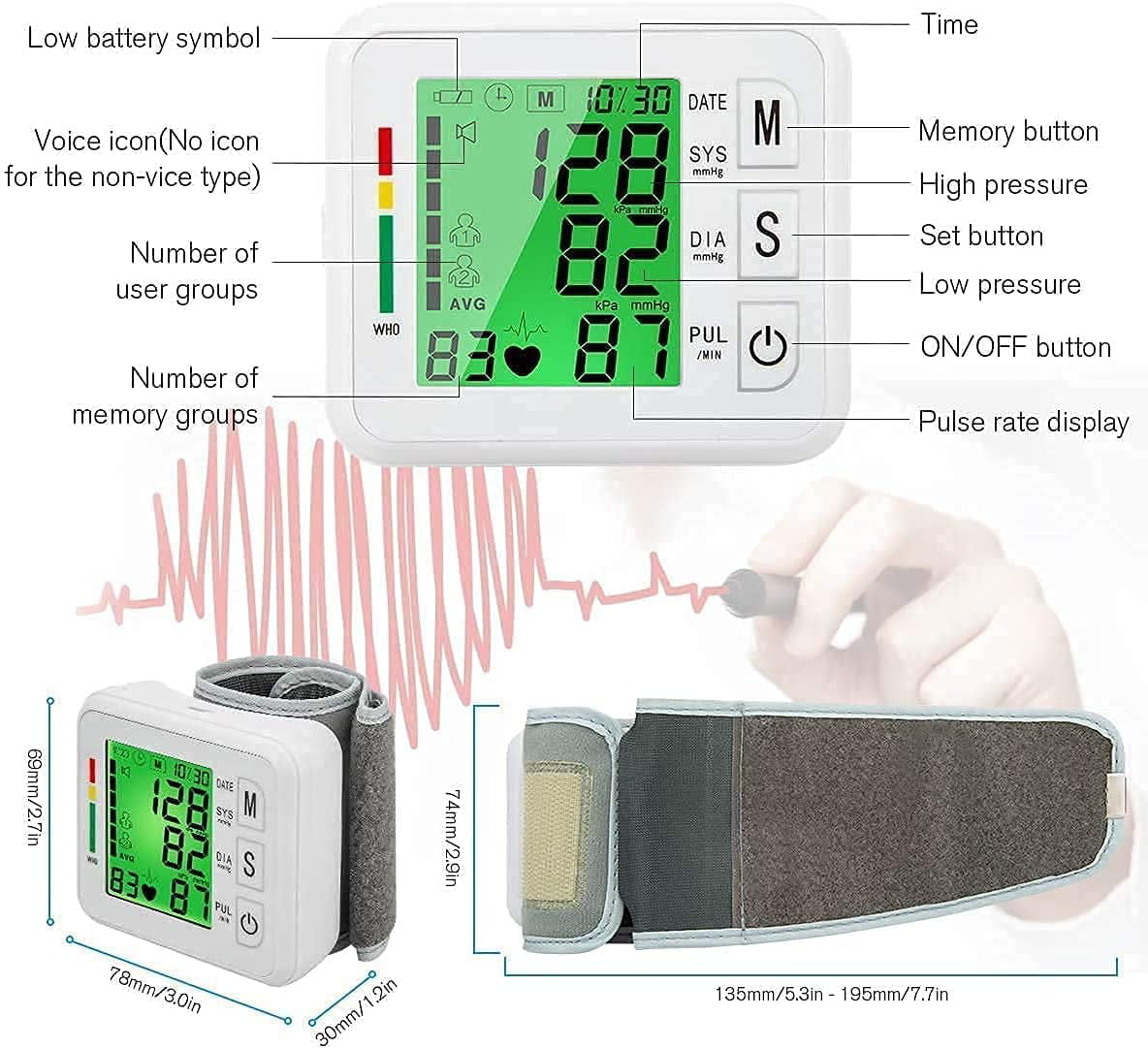 Blood Pressure Machine, Rechargeable Wrist Blood Pressure Monitor,  Automatic Blood Pressure Cuff - Large LCD Screen & 2 * 99 Sets of Memory  for Home