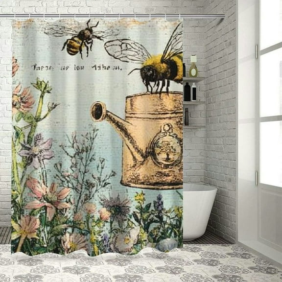 Patifu Bee Flowers Bathroom Décor Set Polyester Stylish Shower Curtain with Hooks 100% Waterproof Washable Curtain for Bathroom 36"x72