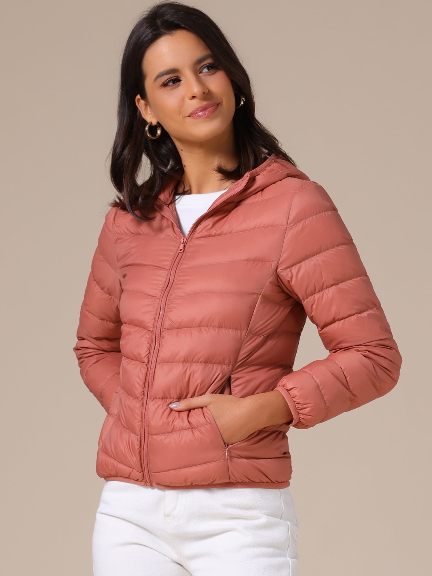 DARING DIVA Women's Hooded Packable Puffer Jacket L Grey Pink