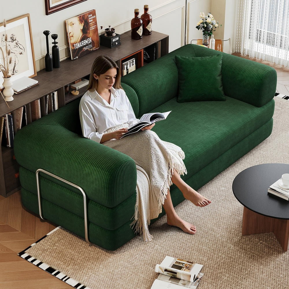 Barara King 78.8" Convertible Sofa Bed, Comfy Futon Sleeper with Pillow Back Support, Armrest, Modular Sectional Design, Boneless Loveseats for Living Room, Bedroom, Corduroy, Green