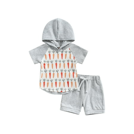 

Arvbitana Baby Boys Easter Shorts Set Carrots Print Hooded T-shirt with Elastic Waist Shorts Summer Outfit 0-3 Years