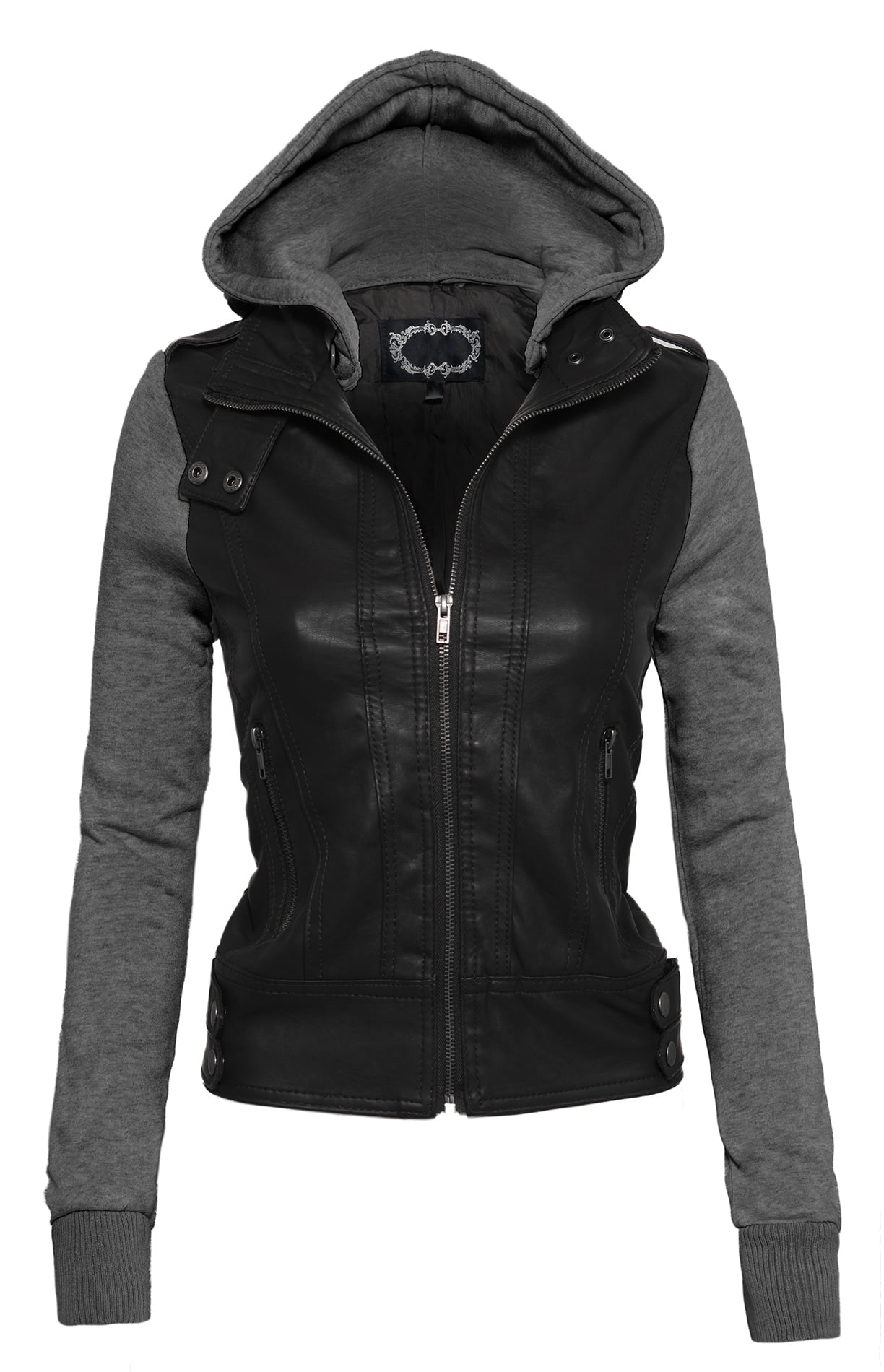 Women's Zip Up Faux Leather Motorcycle Jacket with Inset Fleece Hood ...