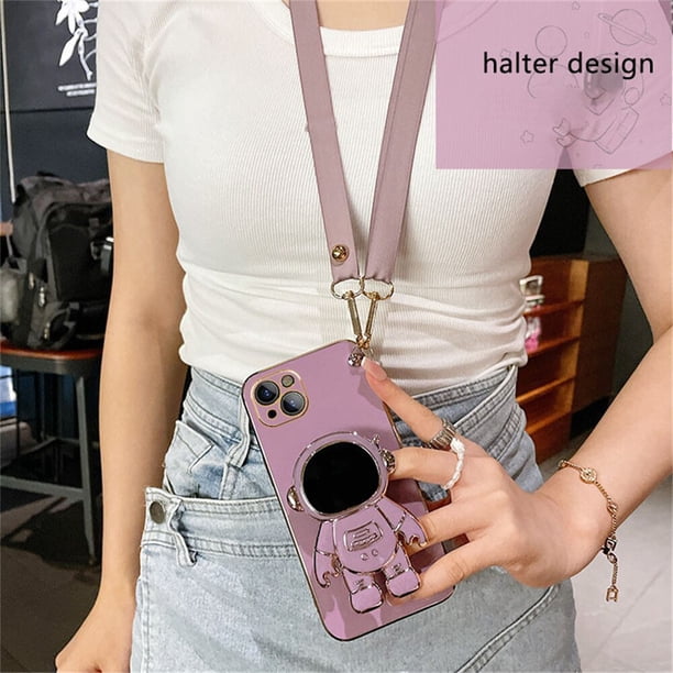 Funda blanda con soporte telescópico de astronauta chapado para iPhone, carcasa con cordón cruzado para iPhone 11, 13, 12, 14 Pro, XS Max, XR, XS, X, 7, 8 Plus
