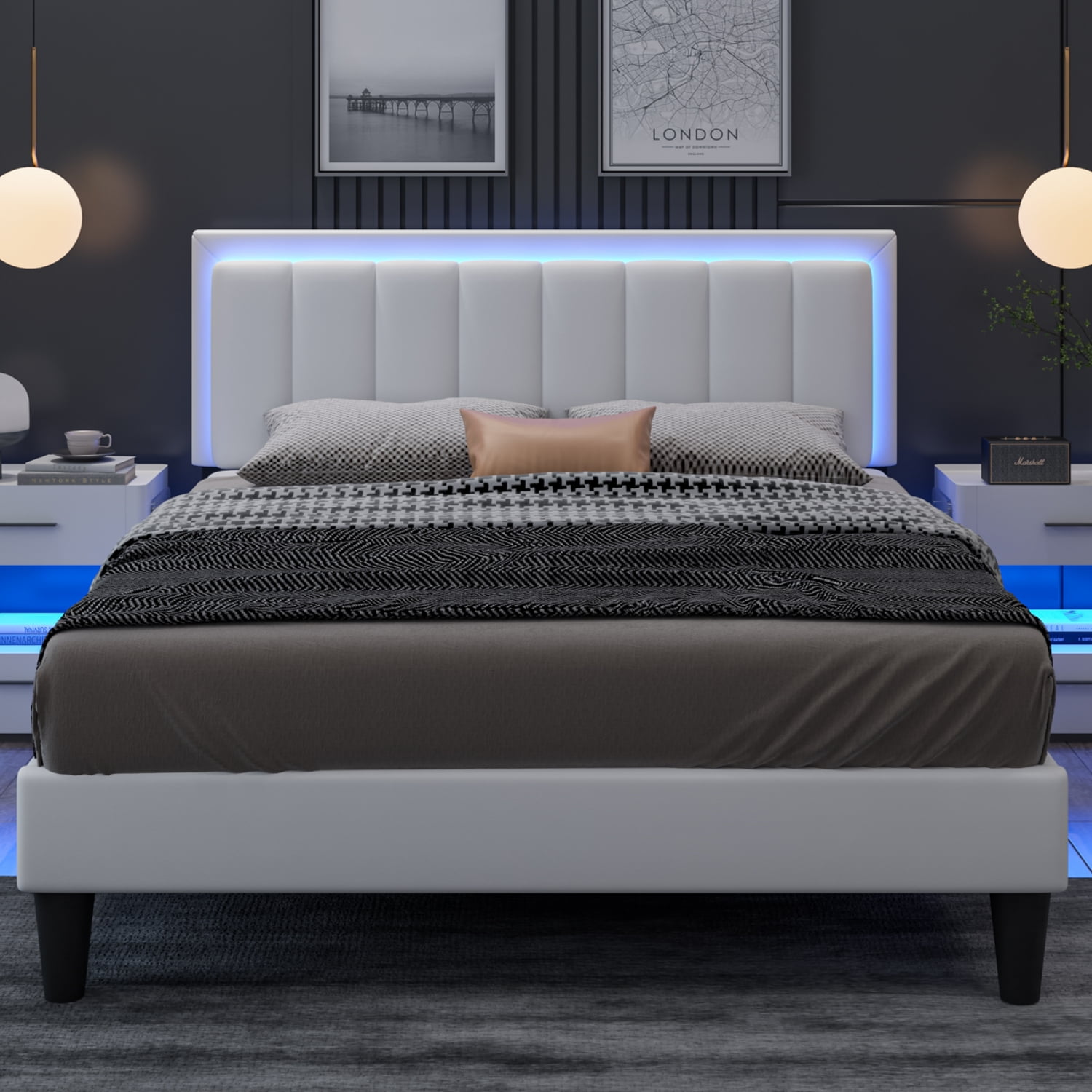 4 EVER WINNER Full Bed Frame with LED Light, Upholstered Platform Bed Frame with Headboard, White