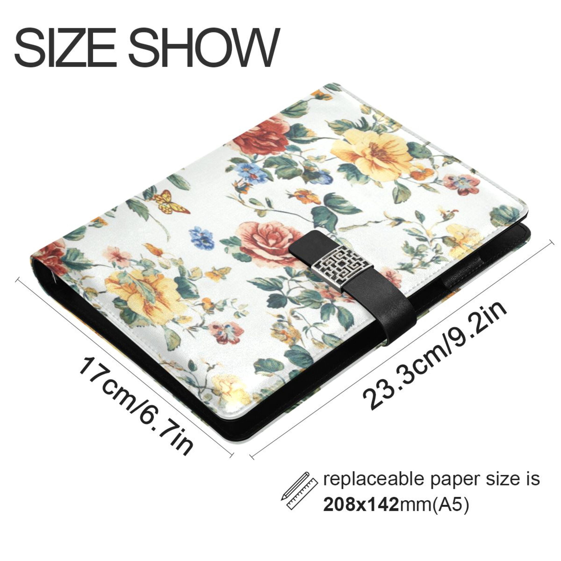 9.2x6.7 inch Leather Notebook 100 Sheets, Multi-Pocket Design & Pen Loop Beautiful Vintage Floral Pattern Refillable Journal Organizer
