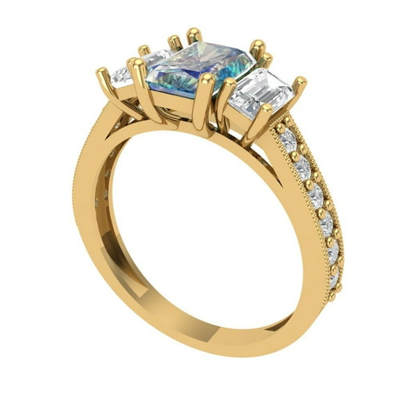 1.88 ct Emerald Cut Blue Moissanite Three-Stone Engagement Ring for Women in 18K Yellow Gold