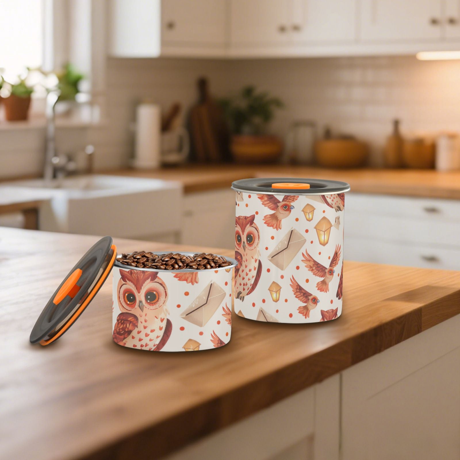 Owl Envelope Polka Dots Airtight Coffee Bean Canister 30oz Food Storage Containers with Lids For Gournd, Tea, Sugar, Flour, Rice, Cereal, Candy Cookie Jar