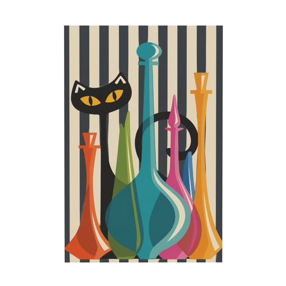 Retro Mid Century Modern Atomic Cat and Colorful Glass Decanters Canvas Wall Art for Home Bedroom Living Room Bathroom Kitchen Office Garden 12*18in