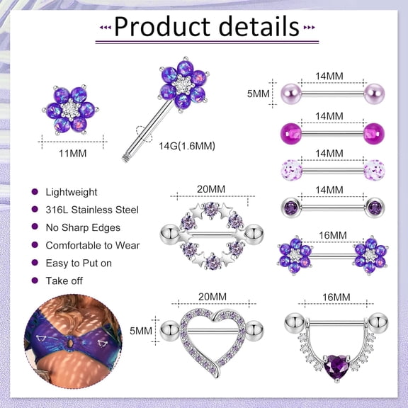 GHRTGR-8Pairs 14G Surgical Steel Nipple Ring for Women Flower Heart CZ Barbell Nipple Rings Cute Nipple Rings Piercing Jewelry