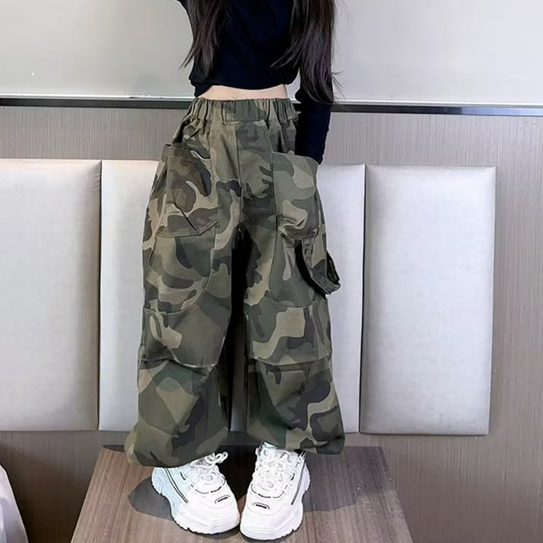GYRATEDREAM 4-18 Years Girls Camo Cargo Pants High Elastic
