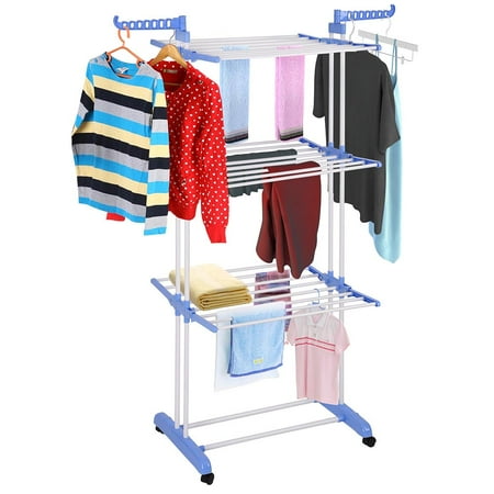 Generic 3 Tier Clothes Dryer Rack Foldable Laundry Drying Hanger Airer Compact Storage Steel Indoor Outdoor with 4 Rolling Lockable (Best Outdoor Clothes Drying Rack)