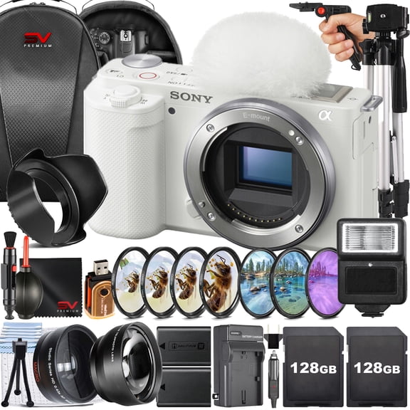 Sony ZV-E10 Mirrorless Camera (Body Only, White) 2 Pack 128GB Memory Card Backpack Wideangle Tripod SV Premium Accessory Bundle (International Version)