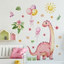 Dinosaur Wall Decals for Girls Room Pink Dino Wall Stickers DIY Peel & Stick Dino Wall Decal with Flowers Sun Palm Leaves Kids Baby Nursery Bedroom Playroom Living Room Classroom Home Wall Decor-Pink