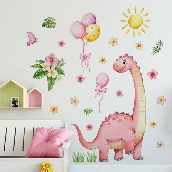 Dinosaur Wall Decals for Girls Room Pink Dino Wall Stickers DIY Peel & Stick Dino Wall Decal with Flowers Sun Palm Leaves Kids Baby Nursery Bedroom Playroom Living Room Classroom Home Wall Decor-Pink