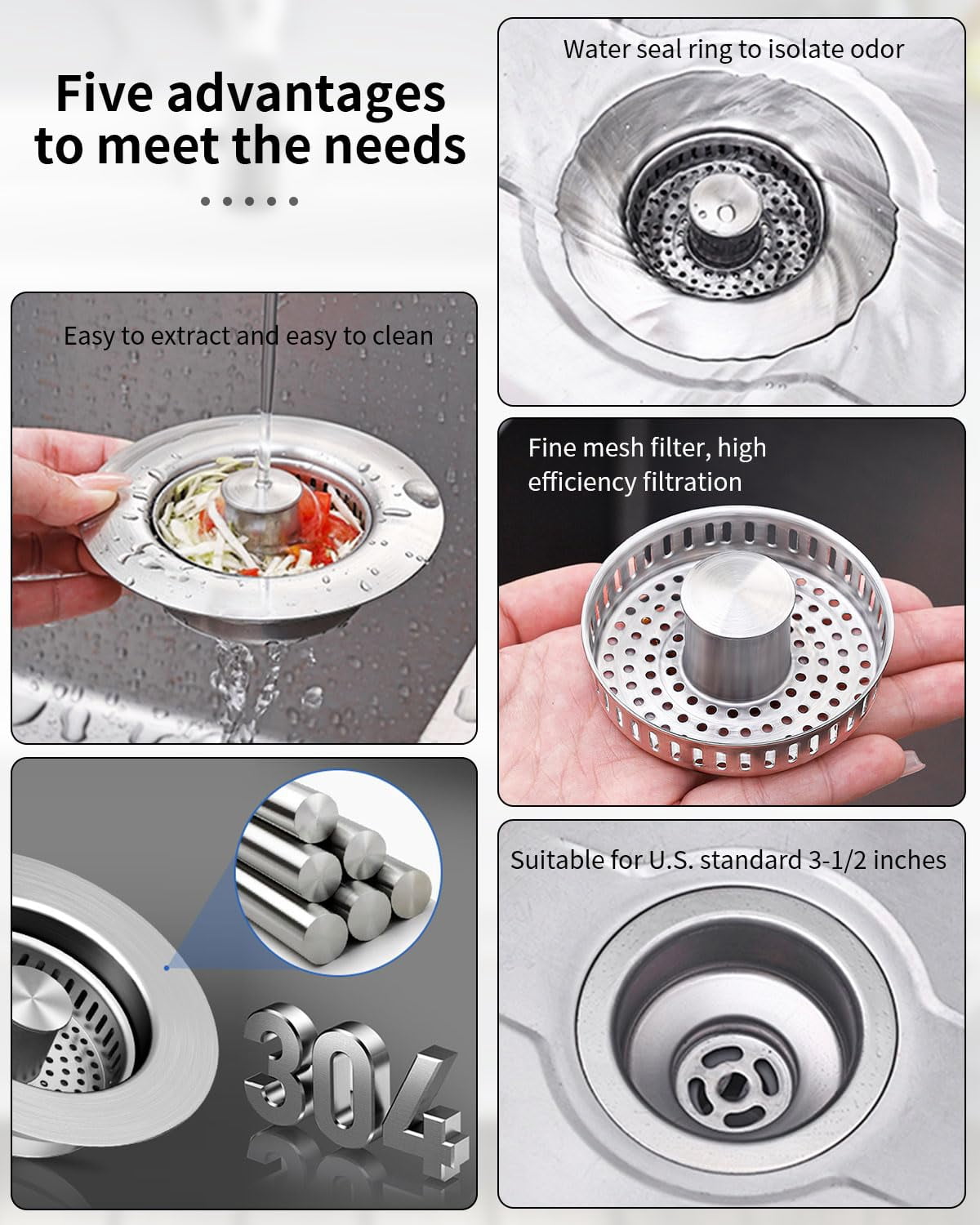 NexTone 3 in 1 Kitchen Sink Drain Strainer [304 Stainless Steel Pop Up] Anti-Clogging Kitchen Sink Drain Stopper Stainless Steel Efficiently Drainage Odor Filter Sink Plug for Us Standard 3-1/2 Inch