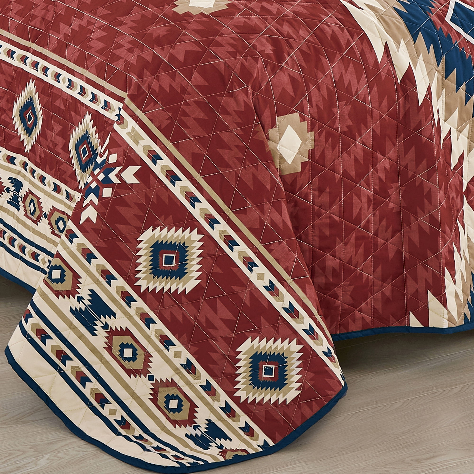 3-Piece Reversible Red & Blue Southwestern Pattern Bedspread Set,Queen