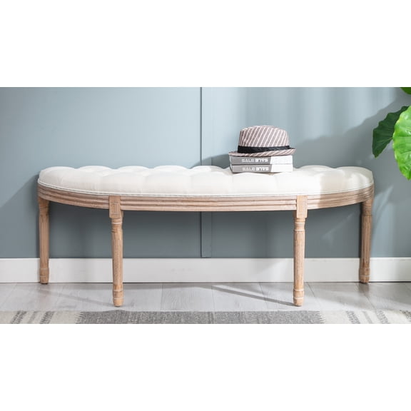 LUXMOD Half Moon French Vintage Bench with Padded Seat & Rubberwood Legs
