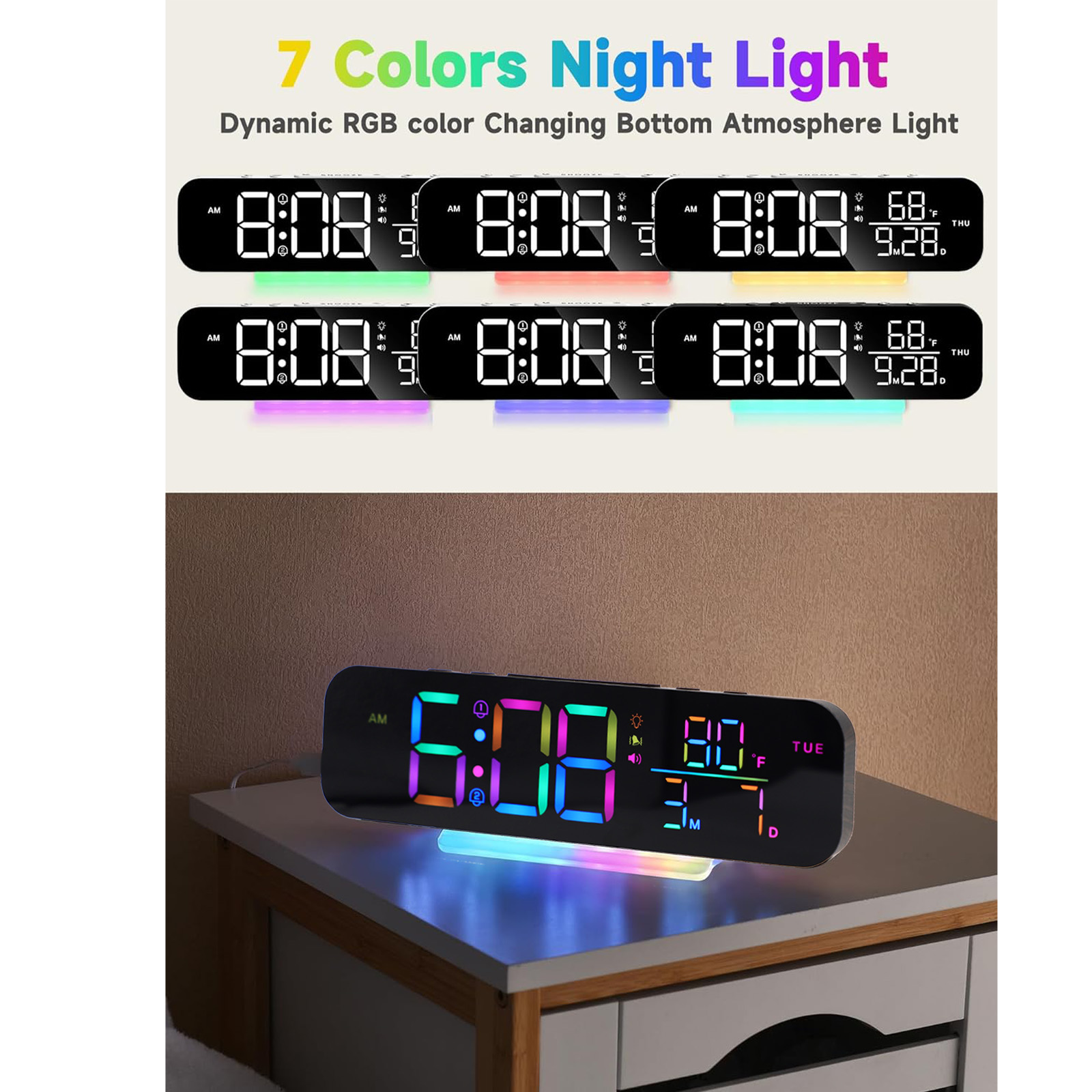 ITIGOITIE Extra Loud Vibrating Alarm Clock,Adjustable Volume,Dimmer,Large LED Digital with RGB Night Light for Bedrooms,Kids,Teens(Wood)