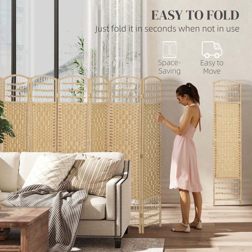 Resenkos 8-Panel Folding Room Divider - Portable Privacy Screen, Wave Fiber Partition, Home Office, Natural