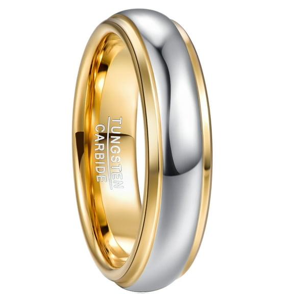 6mm Unisex Gold and Silver Two-Tone Tungsten Rings Wedding Band Step Edges Dome Style