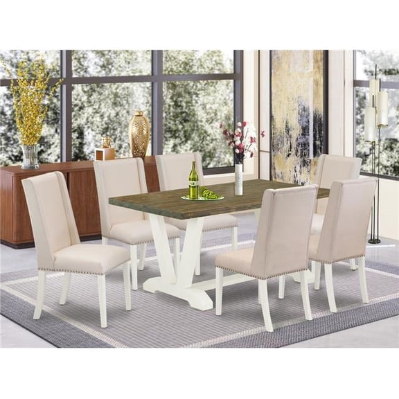 7 Piece V-Style Gorgeous Modern Dining Table Set - Cream, Distressed Jacobean & Linen White