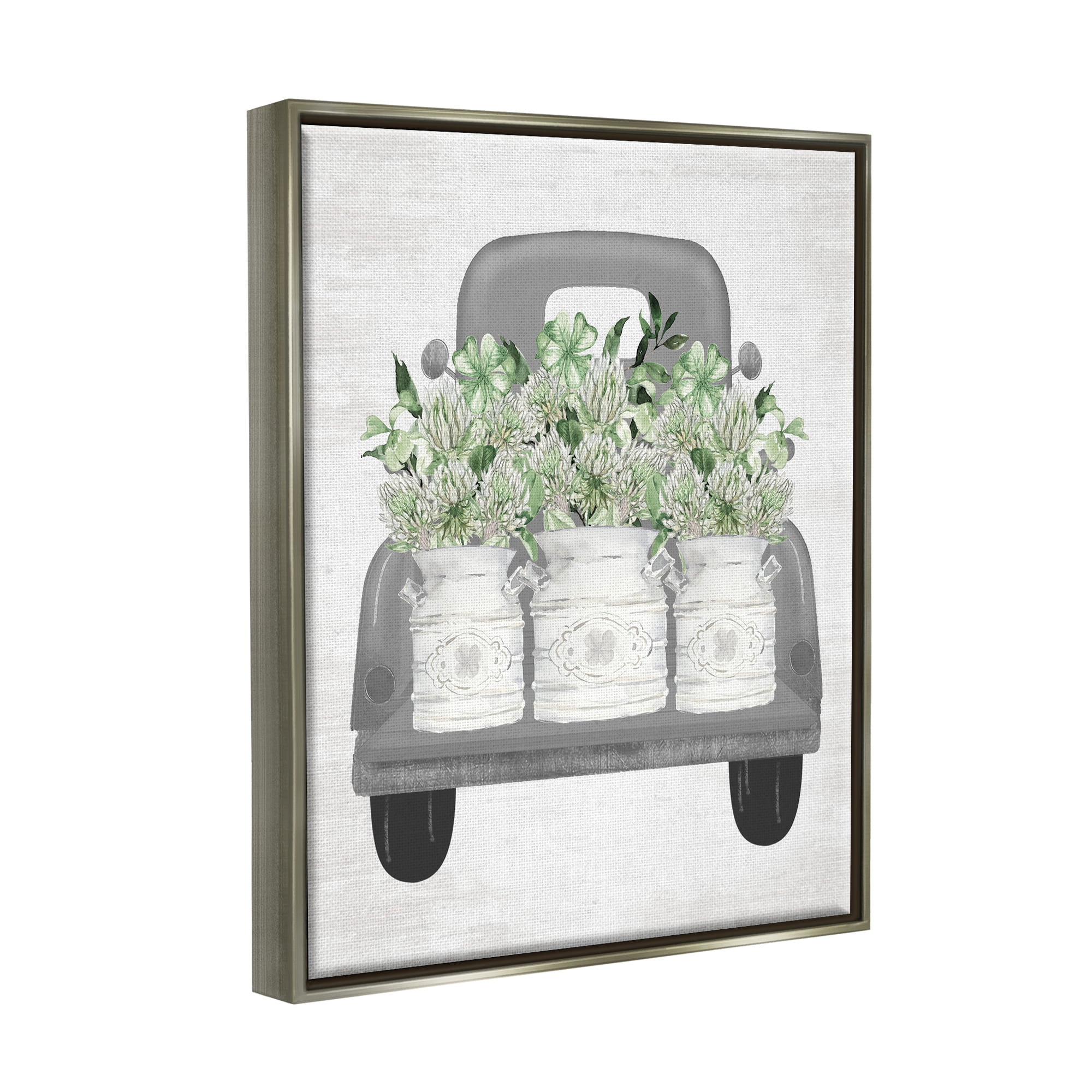 Stupell Industries Pickup Truck with Greenery Botanical & Floral Painting Gray Floater Framed Canvas Art Print Wall Art, 25 x 31