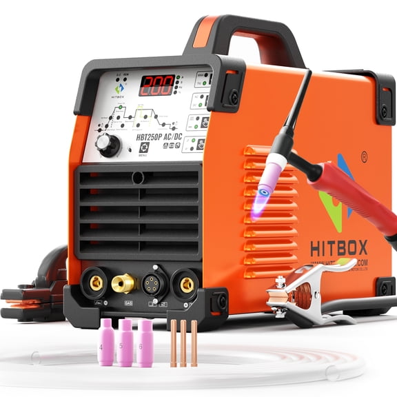 HITBOX HBT250P 200A AC/DC TIG Welder, 6-in-1 IGBT Pulse TIG/MMA Welding Machine with HF Start for Aluminum, 220V Digital Display, Foot Pedal Compatible