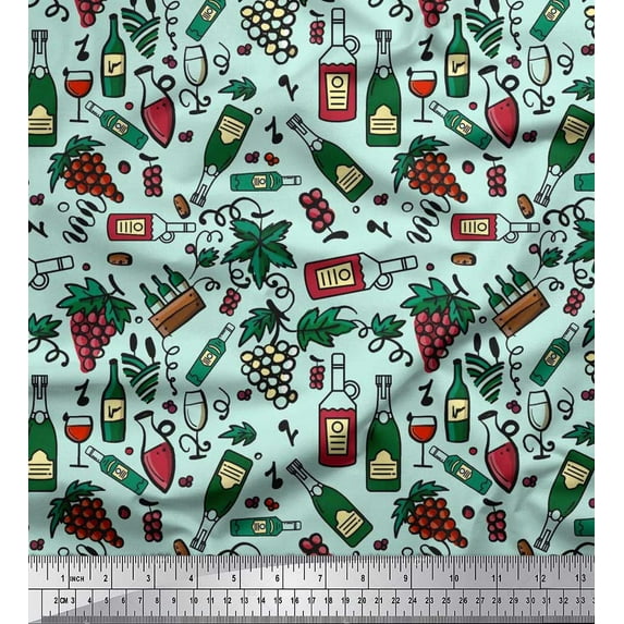 Soimoi Crepe Silk Fabric Grapes Wine Bottle & Glass Bar Print Sewing Fabric Yard 42 Inch Wide