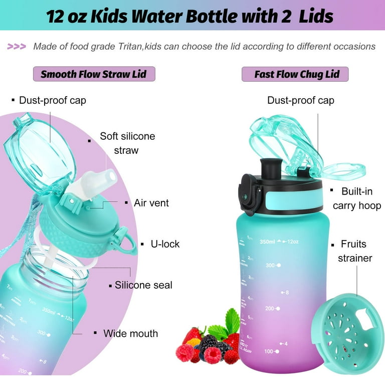 Oldley Kids Water Bottle 12 oz with Straw/Chug 2 Lids Leak-Proof for  Toddler Girls Gift Green Purple