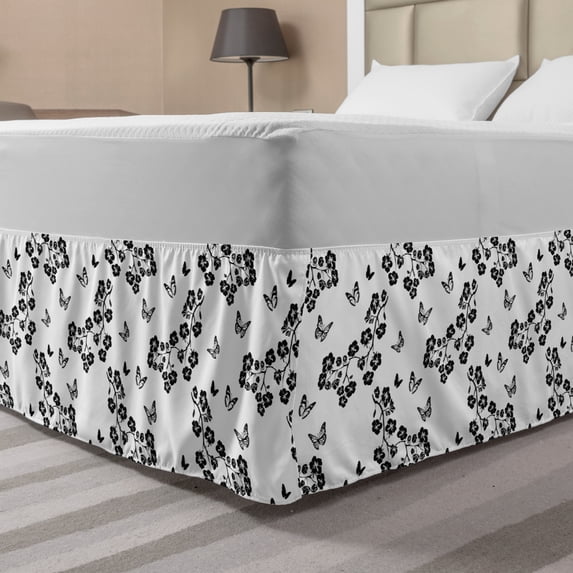 Butterfly Bed Skirt, Japanese Inspired Monochrome Sakura Blossom Silhouette Coming of the Spring Tree, Elastic Bedskirt Dust Ruffle Wrap Around for Bedding Decor, 4 Sizes, Black White, by Ambesonne