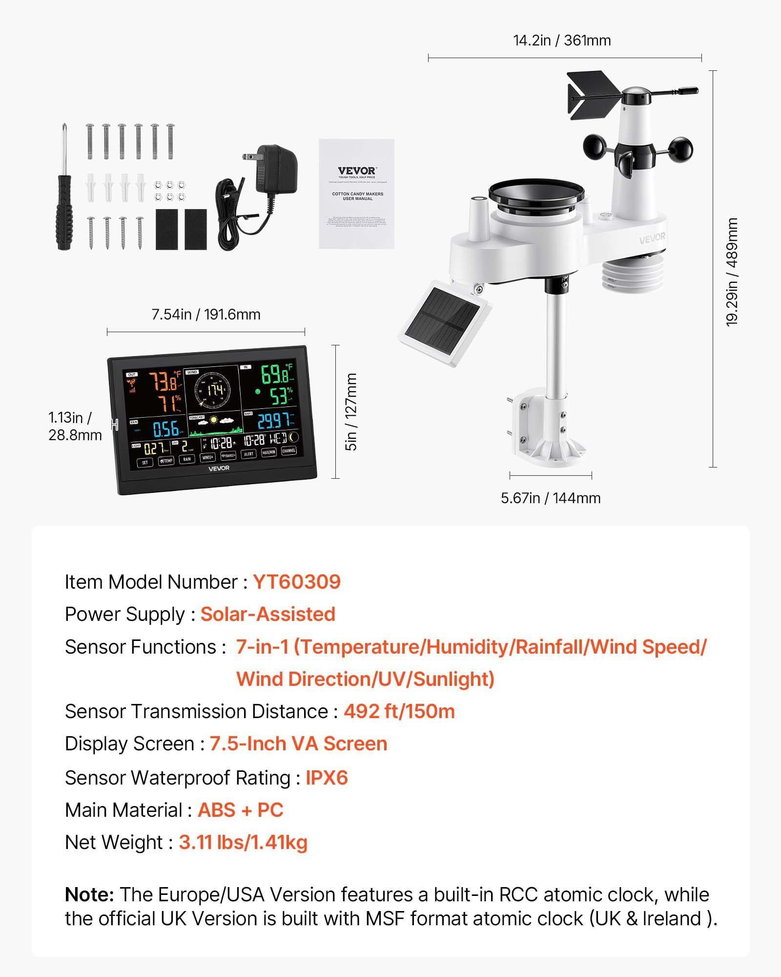 7-in-1 Wireless Weather Station with 7.5 in HD Display, Indoor Outdoor Thermometer, Humidity Sensor, Rainfall, Wind Speed & Direction, Sunlight Monitor, Dew Point, Moon Phases, 6-12 Hour Forecasts