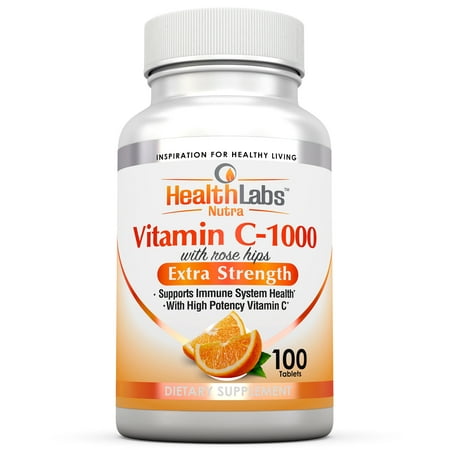 Health Labs Nutra Extra-Strength Vitamin C 1,000mg with Rose Hips Promotes Optimal Immune Health (100 Fast-Acting Tablets)