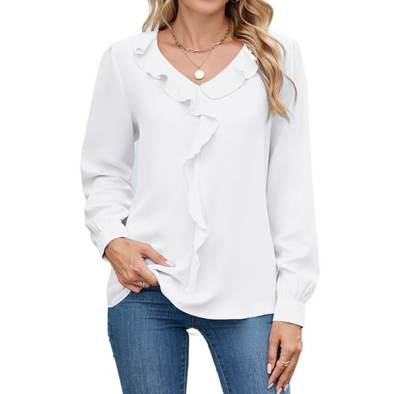 Womens Dressy Casual Blouse Business Long Sleeve Tops Ruffle V Neck Work Shirt 2025 White XXL