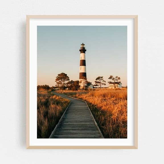 Bodie Island Lighthouse and Marsh 03 - North Carolina Photography Oak Framed Wall Art Print 16 x 20 inches