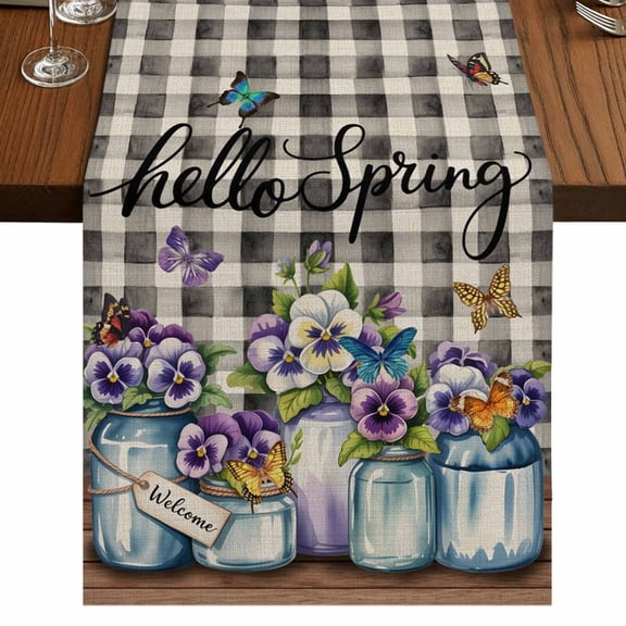 Table Runners 90 Inches Long Dress Scarves, Hello Spring Farmhouse Coffee/Dining/Kitchen Table Runner for Living Room, Pastoral Purple Bottle Floral Black White Plaid 13x90 Inch