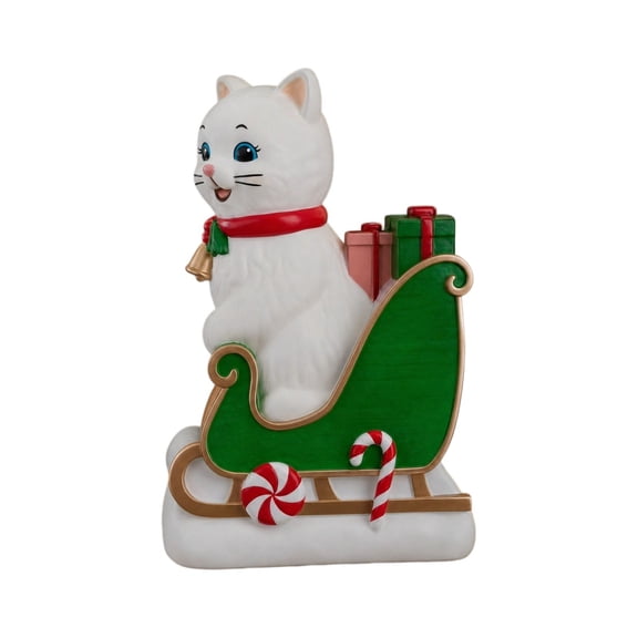 Christmas Cat in Sleigh Figurine, 8" Cute White Cat Resin Statue with Gift Boxes and Candy Cane, Tabletop Holiday Decor for Porch Mantel Home