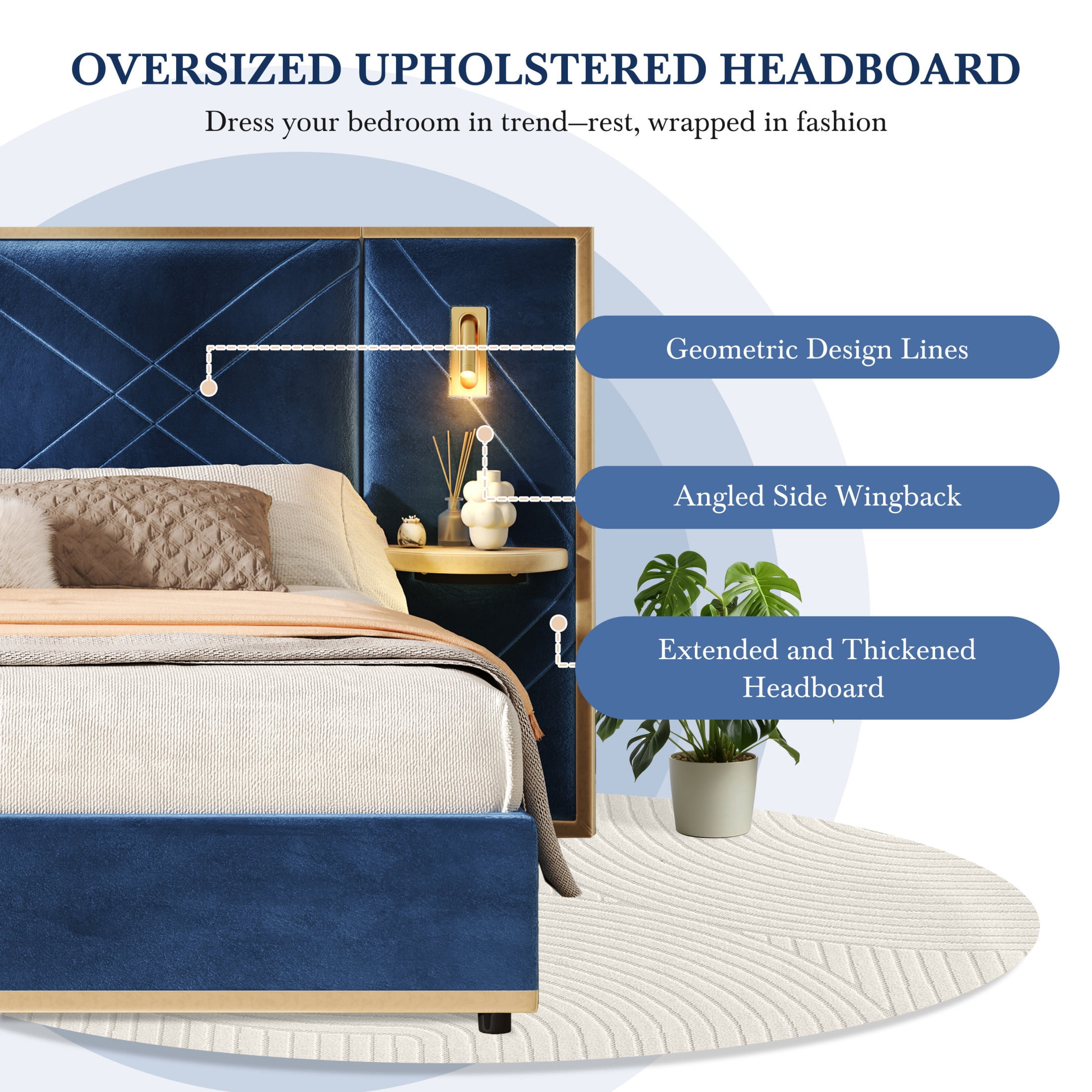 Christopher Knight Home Luxury Velvet Upholstered Queen Bed with Headboard, LED Lights, Storage Side Panels, Blue