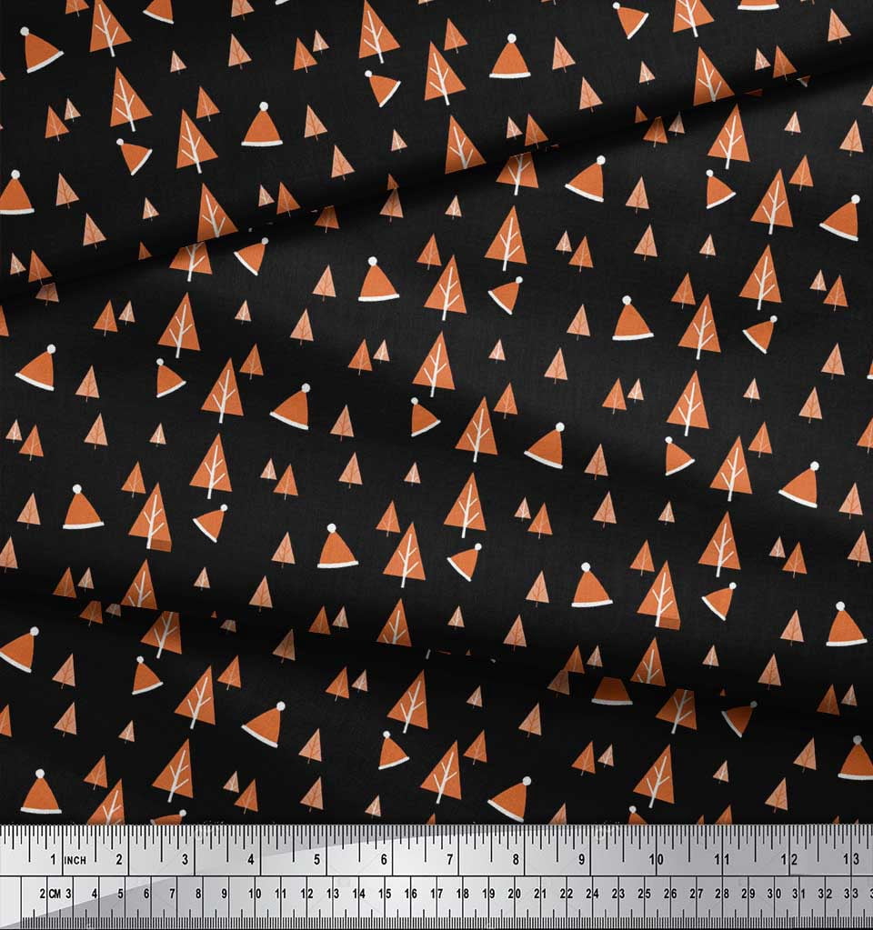 Soimoi Black polyester Crepe Fabric Santa Cap & Tree Christmas Print Sewing Fabric Yard 52 Inch Wide